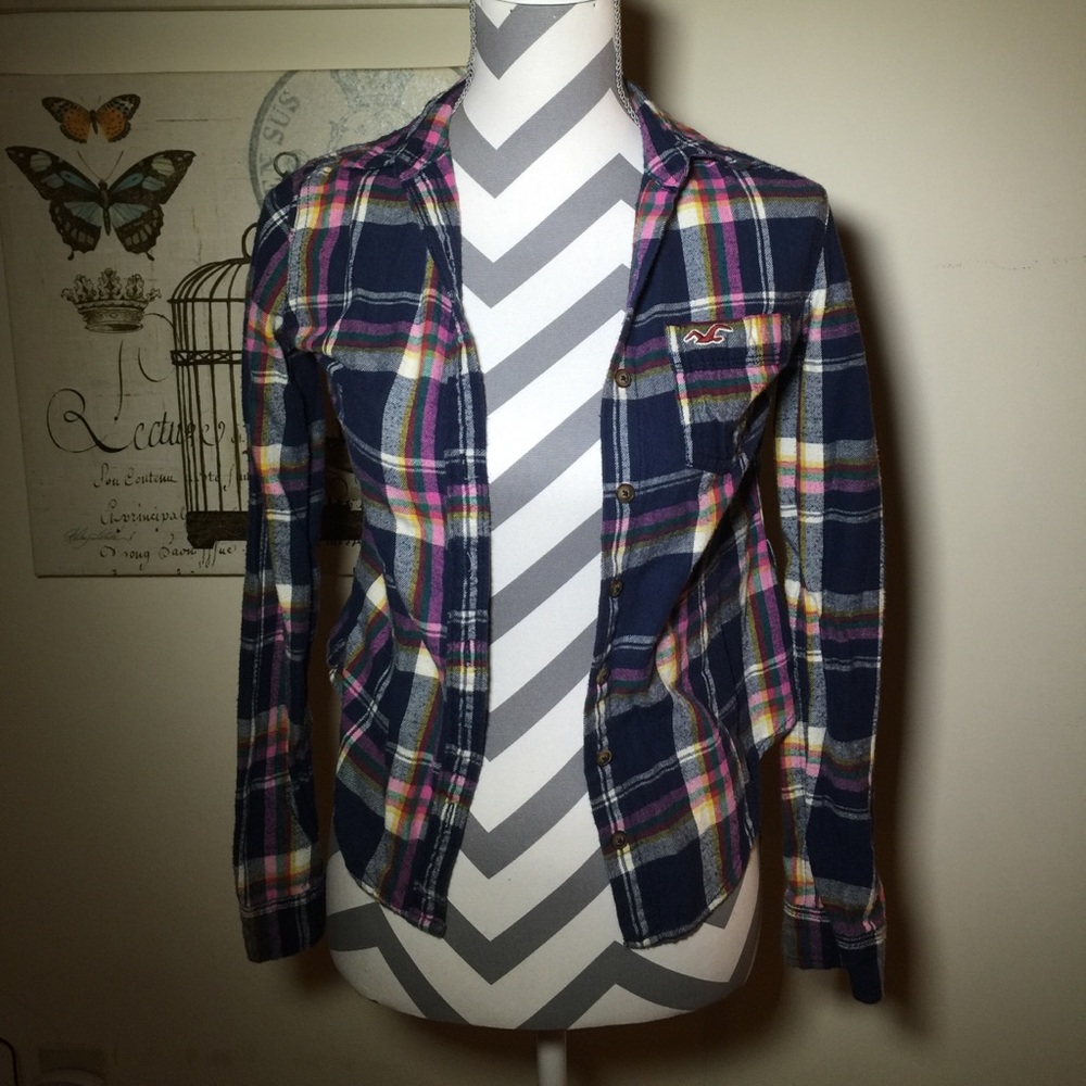 👚EUC Hollister Navy Pink Plaid Flannel XS